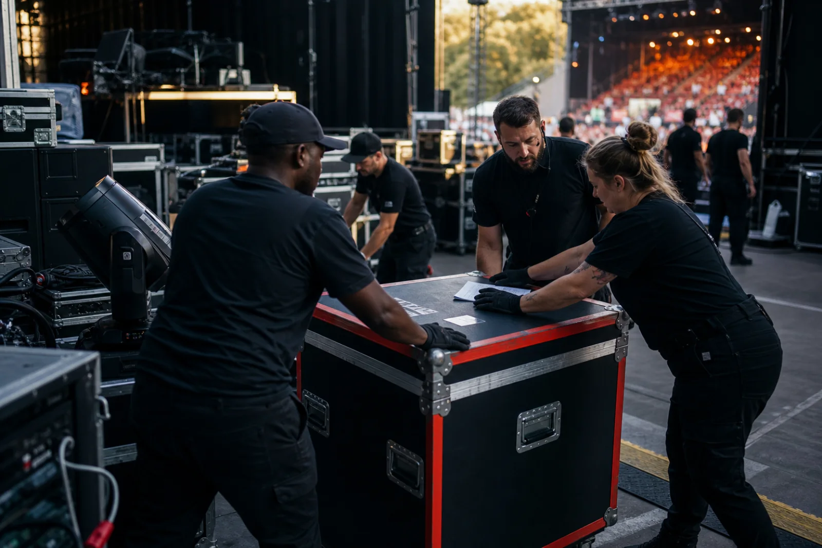 Production crew coordinating equipment delivery beside a live stage