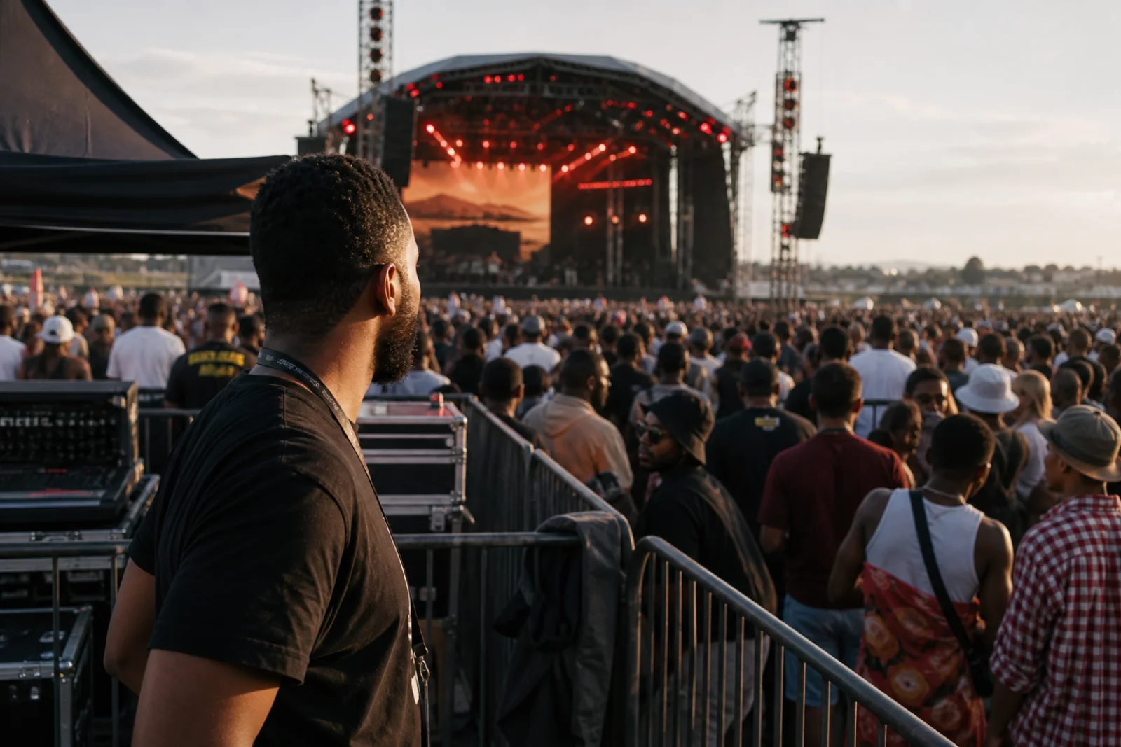 Event crew member monitoring a live outdoor festival from beside the stage